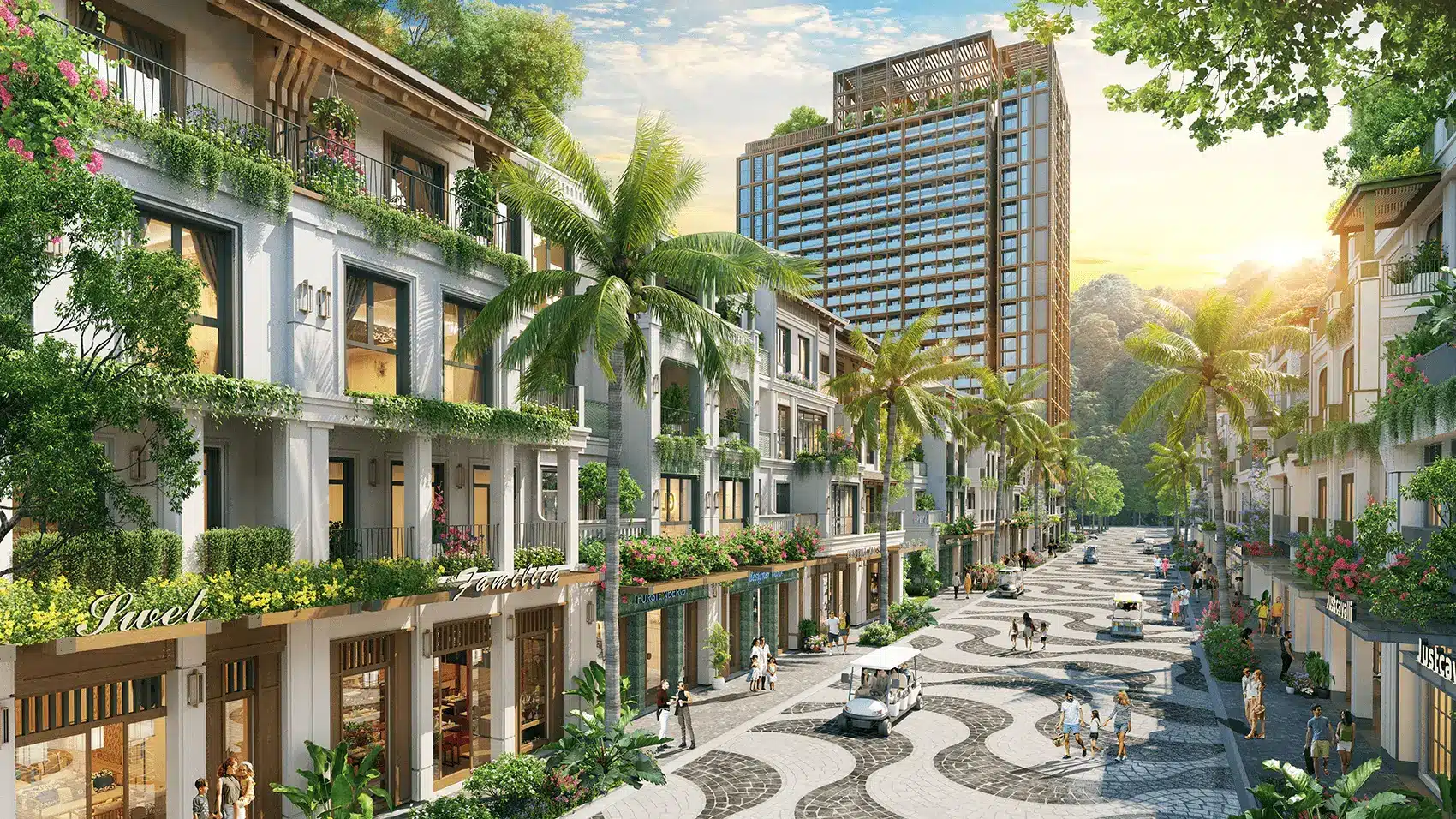 Phố đi bộ sôi động và các dãy nhà Shophouse tại Xanh Island Cát Bà.