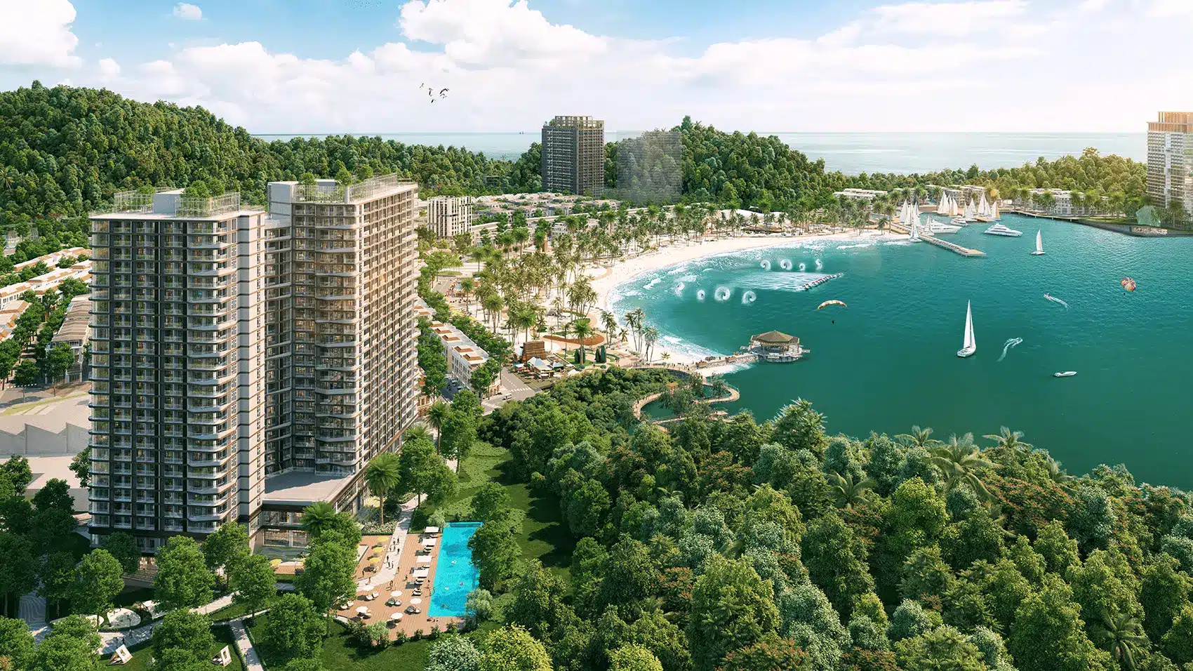 Toàn cảnh dự án Xanh Island Cát Bà với các tòa nhà cao tầng, bãi biển nhân tạo và vịnh biển xanh tuyệt đẹp.